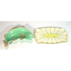 Turquoise glazed Shorter fish shaped dish and a hand painted floral Grimwades rectangular tray, m…