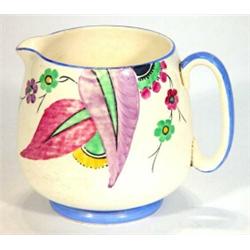 Crown Devon Art Deco style jug, hand painted with stylised leaves and flowers, marks to base, 14c…