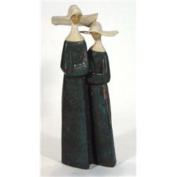 Lladro figure group of two nuns in flowing black and green glazed gowns, printed marks to base, 3…