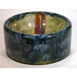 Doulton Lambeth stoneware mottled blue and green glazed dog bowl, impressed marks to base, 23cm d…