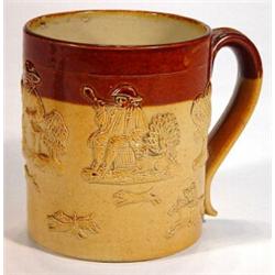 Doulton Lambeth stoneware salt glazed mug moulded with hunting scenes, impressed marks to base, 1…