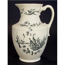 Large Victorian pottery jug transfer printed with black and white aesthetic birds and flowers, ma…