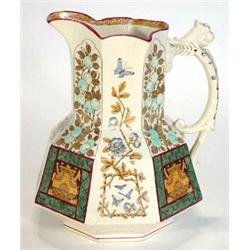 Octagonal Victorian pottery jug hand coloured and transfer printed with panels of aesthetic flowe…