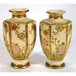 Pair of Japanese Satsuma pottery  vases hand painted with panels of flowers, 30cm high…