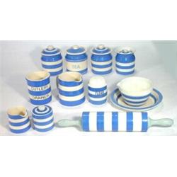 Selection of T.G. Green and other blue banded Cornishware including rolling pin, cutlery drainer,…