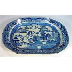 Large rectangular Victorian ironstone meat plate transfer printed with blue and white 'Willow' pa…