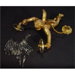 Large gilded cherub ceiling light with cut glass drops, 30cm in length…