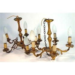 Pair of five branch gilt brass chandeliers…