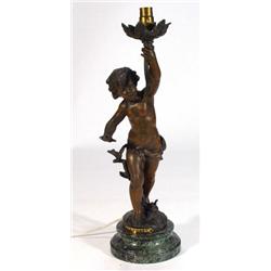 Bronzed French cherub table lamp on circular marble base, 36cm high…