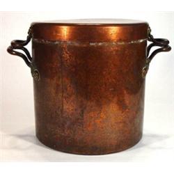 Large Victorian twin handled cylindrical copper pot and cover, 30cm high…