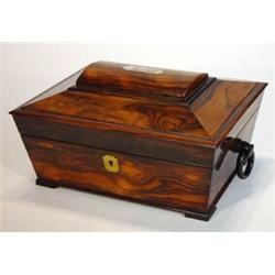 Early Victorian casket shaped rosewood sewing box with ring handles and a mother of pearl panel, …