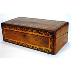 Inlaid walnut and rosewood rectangular jewellery box with fitted velvet lined interior and lift o…