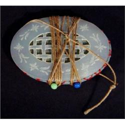 Oval mother-of-pearl pin cushion carved with stylised leaves, 6cm in length…