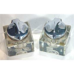 Pair of cut glass and metal topped square based inkwells…