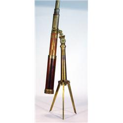 Victorian brass and rosewood five drawer telescope, Davies- Derby on a brass tripod…