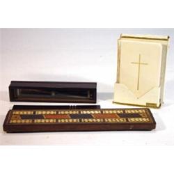 Inlaid mahogany cribbage board, mahogany cased instrument and a cased Oxford Common Prayer book…