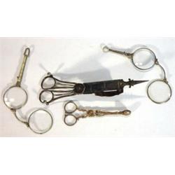 Pair of silver plated scissor action candle snuffers, two pairs of folding sunglasses and a pair …