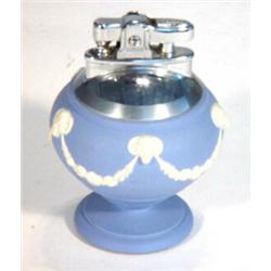 Blue and white Wedgwood Jasperware Ronson table lighter, decorated with swags, impressed marks to…