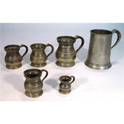 Six Victorian pewter tankards , various makers including James Yates, Gaskill & Chambers, etc, la…