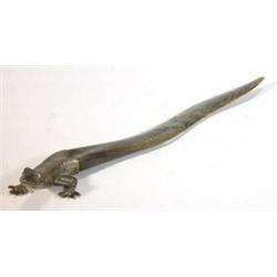 Silver plated and tortoiseshell effect lizard shaped letter opener, 26cm in length…