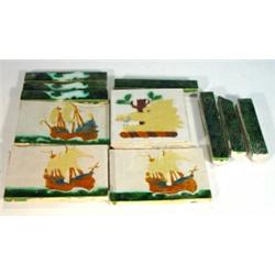 Selection of Dordaecht Arts and Crafts style tiles, including three galleon design rectangular ti…