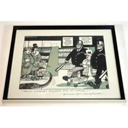 Frame original Franklin cartoon of a comical supermarket scene, 35cm long…