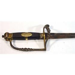 Ebony and brass handled British military sword, marked 'My Country and King' to blade…