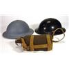 Image 1 : Black painted military WW2 tin hat, a grey tin hat and a khaki military water bottle…