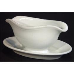 White glazed World War II military German porcelain gravy boat with stand, various marks and swas…