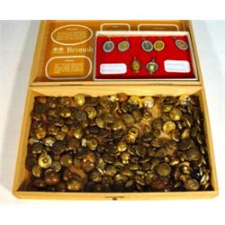 Box of assorted military brass pips and a selection of enamel Masonic badges…