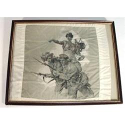 World War I black and white silk handkerchief printed with military soldiers and Britannia, signe…