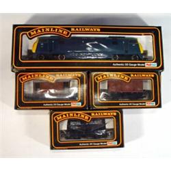 Box Mainline 00 gauge Kelly Warship Class locomotive, brake van, tanker and a covered wagon…