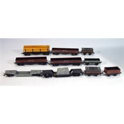 Selection of Hornby Dublo brick wagons, log wagon and two low loading wagons…