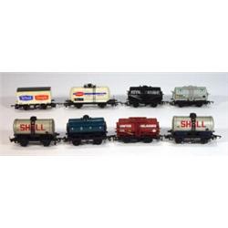 Eight Hornby Dublo and other tankers, closed wagons etc…