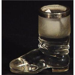 Clear glass boot shaped match striker with silver rim, London 1905, 8cm high…