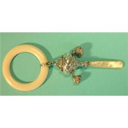 Victorian silver baby's rattle with bells and mother-of-pearl teether, Birmingham 1899…