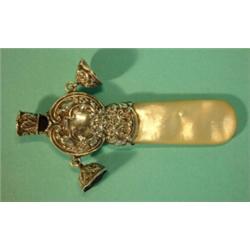 Victorian baby's floral and bird design silver rattle with whistle top and mother-of-pearl teethi…