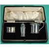 Image 1 : Boxed three piece silver cruet, comprising pepperpot, mustard and salt with blue glass liner, Che…