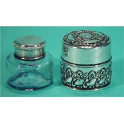 Black Starr & Frost sterling silver inkwell case and glass inkwell embossed with swans, 5cm high…