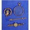 Image 1 : 9ct gold bird brooch, pearl bar brooch, pearl and blue stone bar brooch and a 9ct gold monocle…
