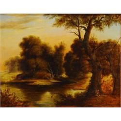 Early Victorian gilt framed oil onto mahogany panel of a fisherman beside a lake and a hunter amo…