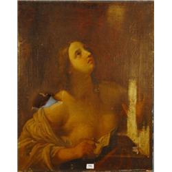 18th century unframed oil on canvas portrait of the suicide of a young girl by the use of a dagge…