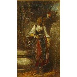 Gilt framed oil onto panel of a young Mediterranean girl beside a fountain entitled 'The Speaking…