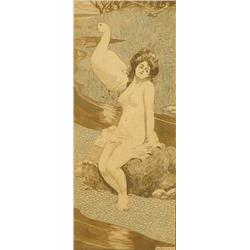 Pair of oak framed ink drawings of nude young maidens one with a duck '' Two little ducks' and 'L…