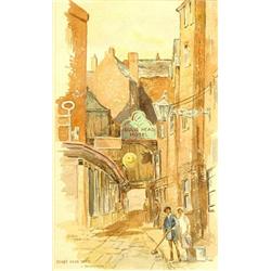 Gilt framed watercolour 'Bulls Head Yard, Manchester', Ruhite, 1945?, 30cm x 18cm…