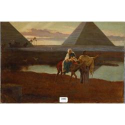 Unframed oil on canvas 'Mary and Joseph with Baby Jesus on Donkey', initialled 'CF', 1884-97, 60c…