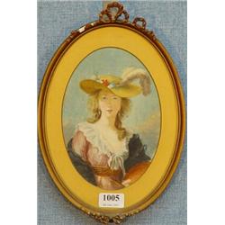 Four oval gilt framed watercolour portraits of young maidens, two wearing hats, Chapman Bros, Che…