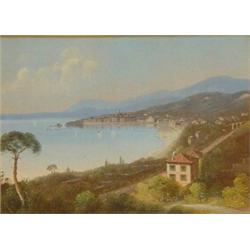 Gilt framed oil onto paper 'A Mediterranean Coastline with Houses', 20cm x 14cm…