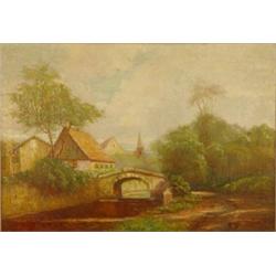 Large gilt framed oil on canvas of Continental bridge, houses and woods, Weem Cerny, 100cm x 68cm…