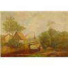 Large gilt framed oil on canvas of Continental bridge, houses and woods, Weem Cerny, 100cm x 68cm…